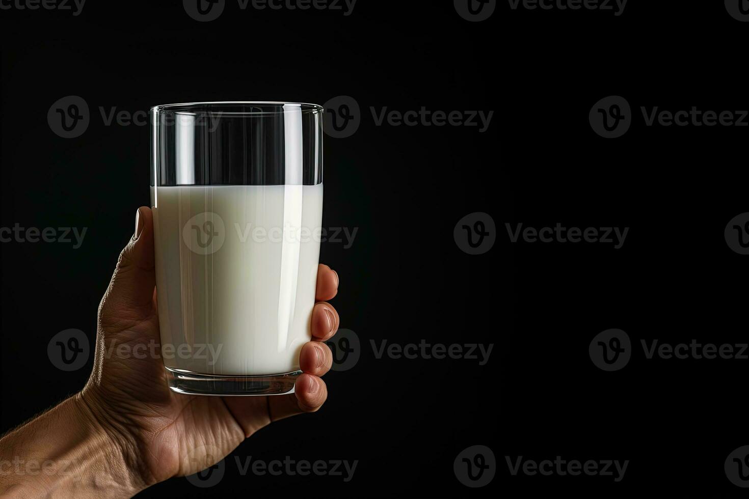 Hand holding a glass of fresh milk isolated on black background with copy space. ai generated photo