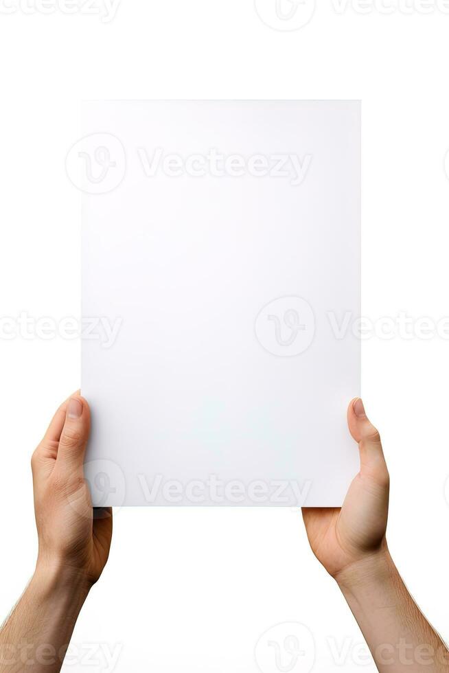 A human hand holding a blank sheet of white paper or card isolated on white background. ai generated photo