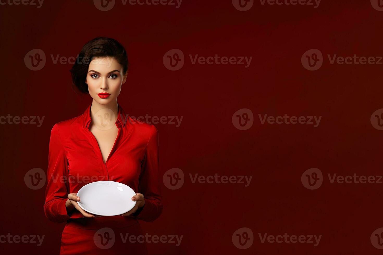 Young beautiful stylish woman holding an empty plate or dish isolated on red background with copy space. ai generated photo