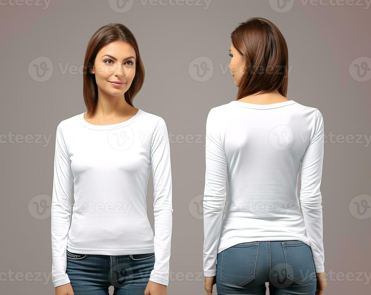 Woman wearing a white T-shirt with long sleeves. Front and back view. ai generated photo