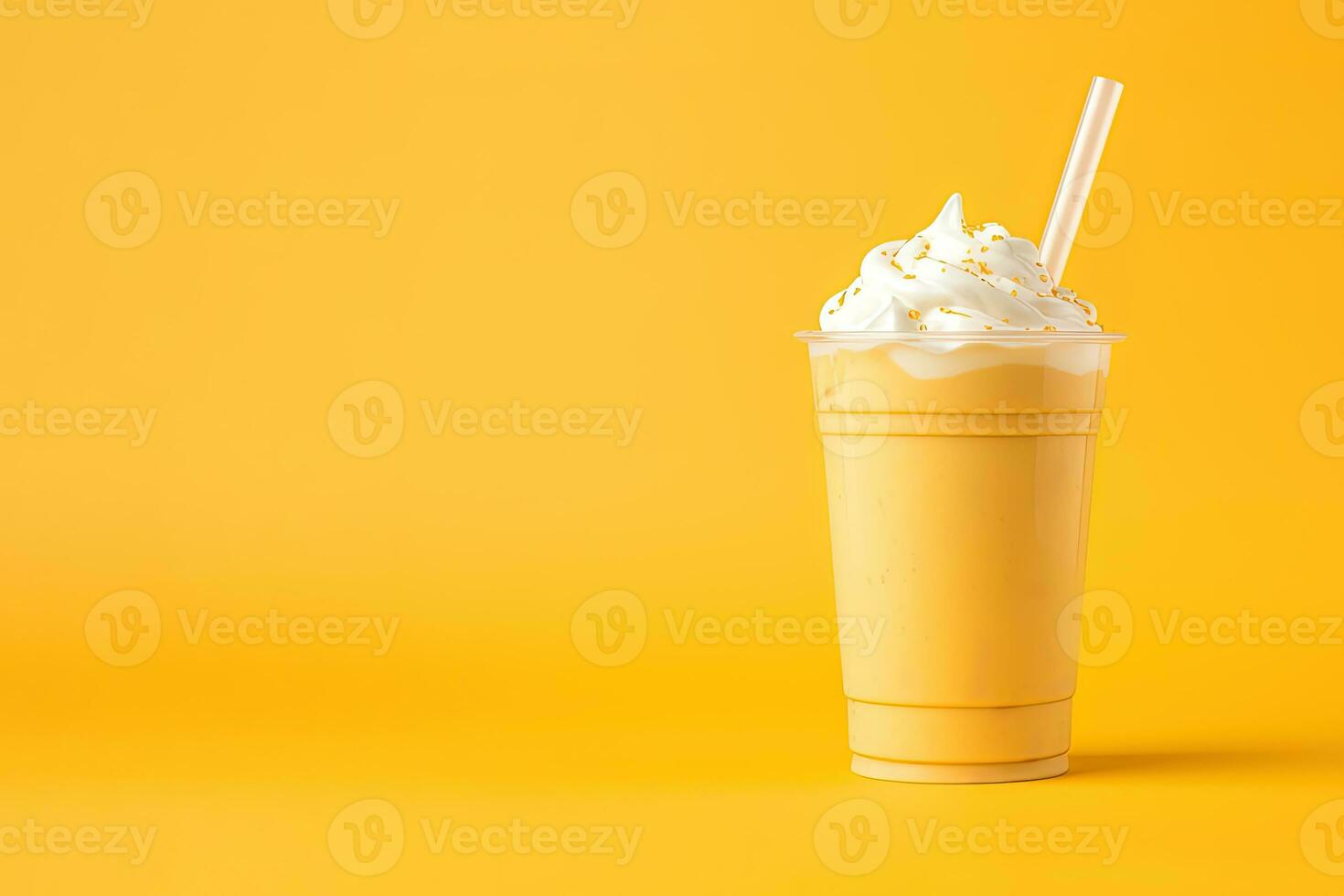 Mango smoothie milkshake in plastic takeaway cup isolated on yellow background with copy space. ai generated photo