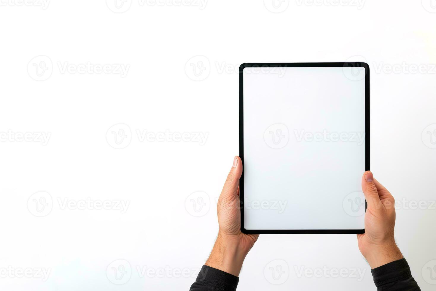 Hand holding tablet with mockup blank screen isolated on white background with copy space. ai generated photo
