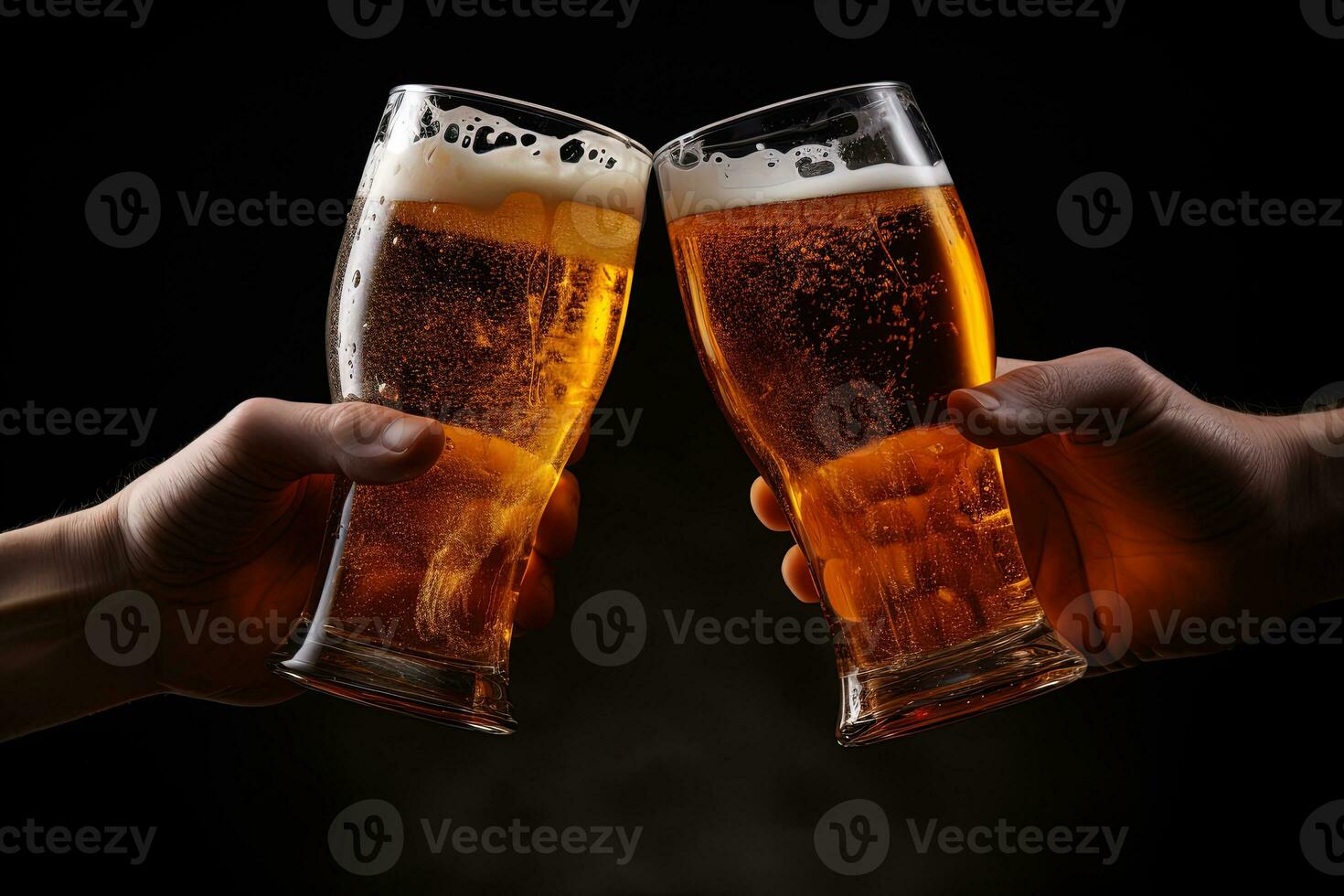 Hands toasting with glasses of beer isolated on black background. ai generated photo
