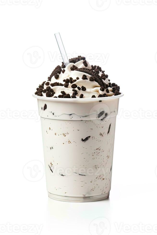 Cookies and cream milkshake in a takeaway cup isolated on white background. ai generated photo