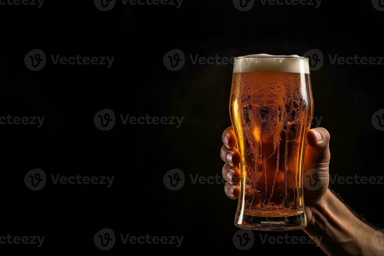 a male hand holding up a glass of beer isolated on a black background with copy space. ai generated photo