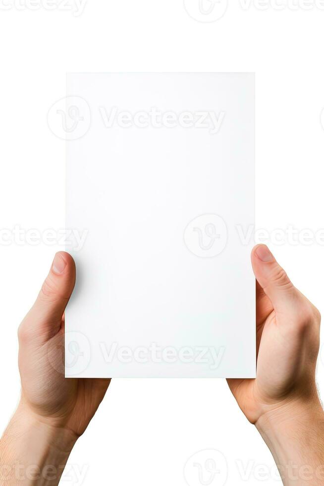 A human hand holding a blank sheet of white paper or card isolated on white background. ai generated photo
