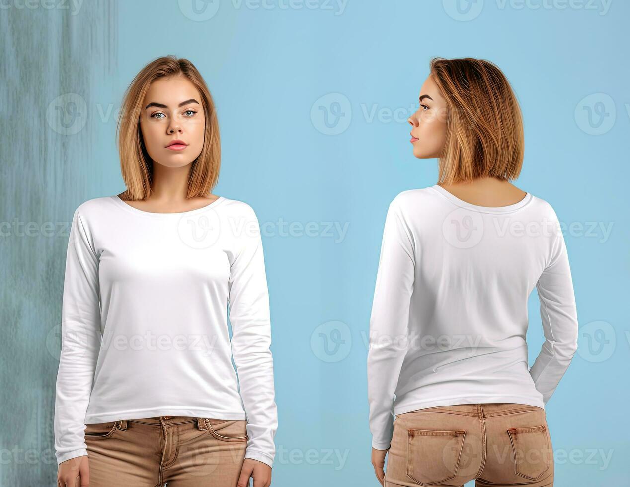 Woman wearing a white T-shirt with long sleeves. Front and back view. ai generated photo