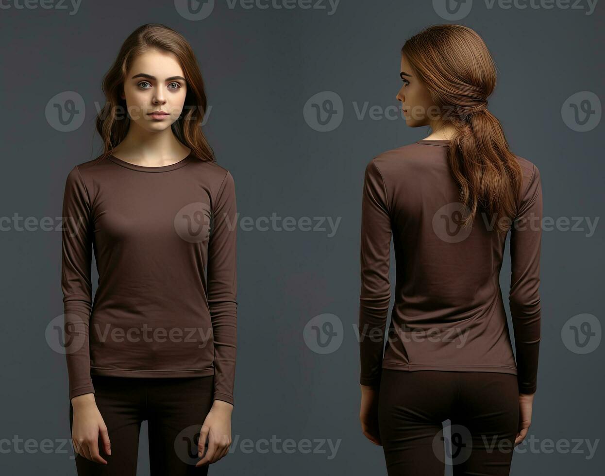 Woman wearing a brown T-shirt with long sleeves. Front and back view. ai generated photo