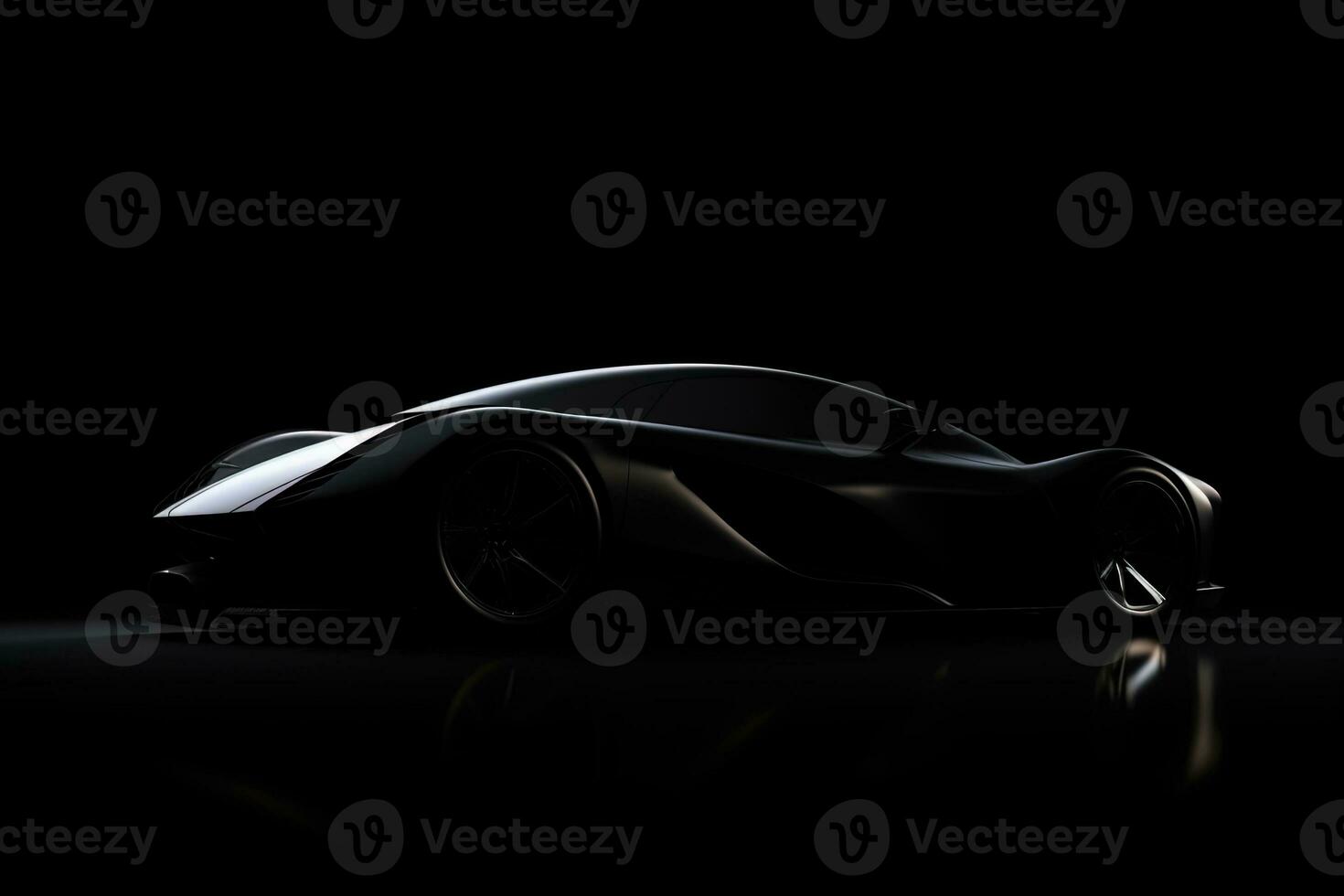 lado ver oscuro silueta de un moderno deporte negro coche aislado en negro antecedentes. ai generado foto