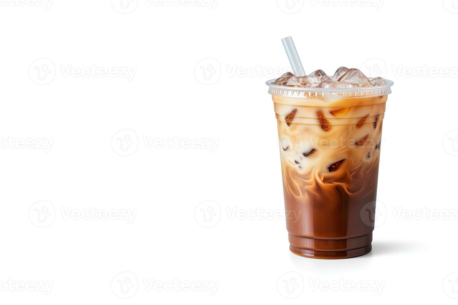 Iced coffee in plastic takeaway glass isolated on white background with copy space. ai generated photo