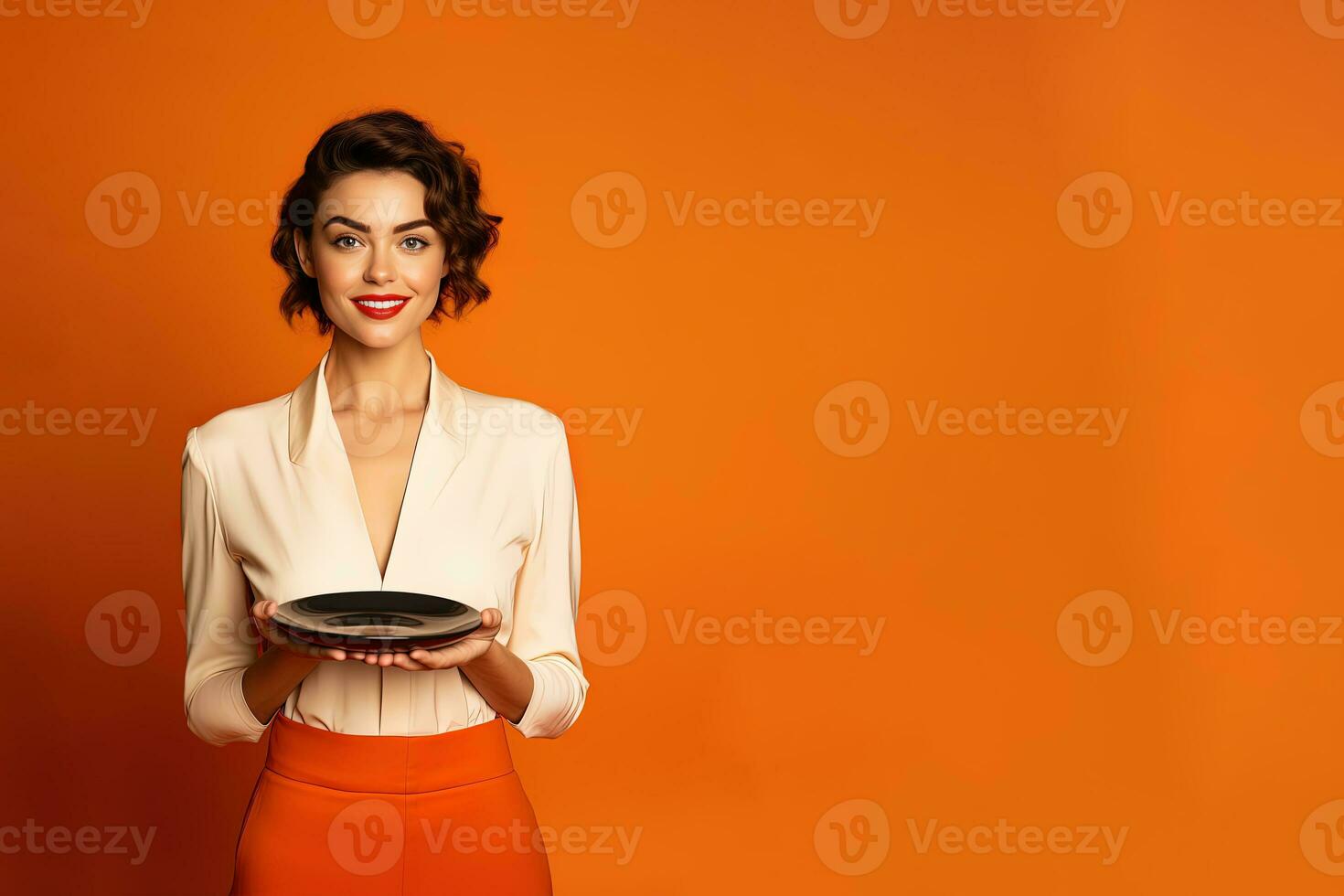 joven hermosa elegante mujer participación un vacío plato o plato aislado en naranja antecedentes con Copiar espacio. ai generado foto