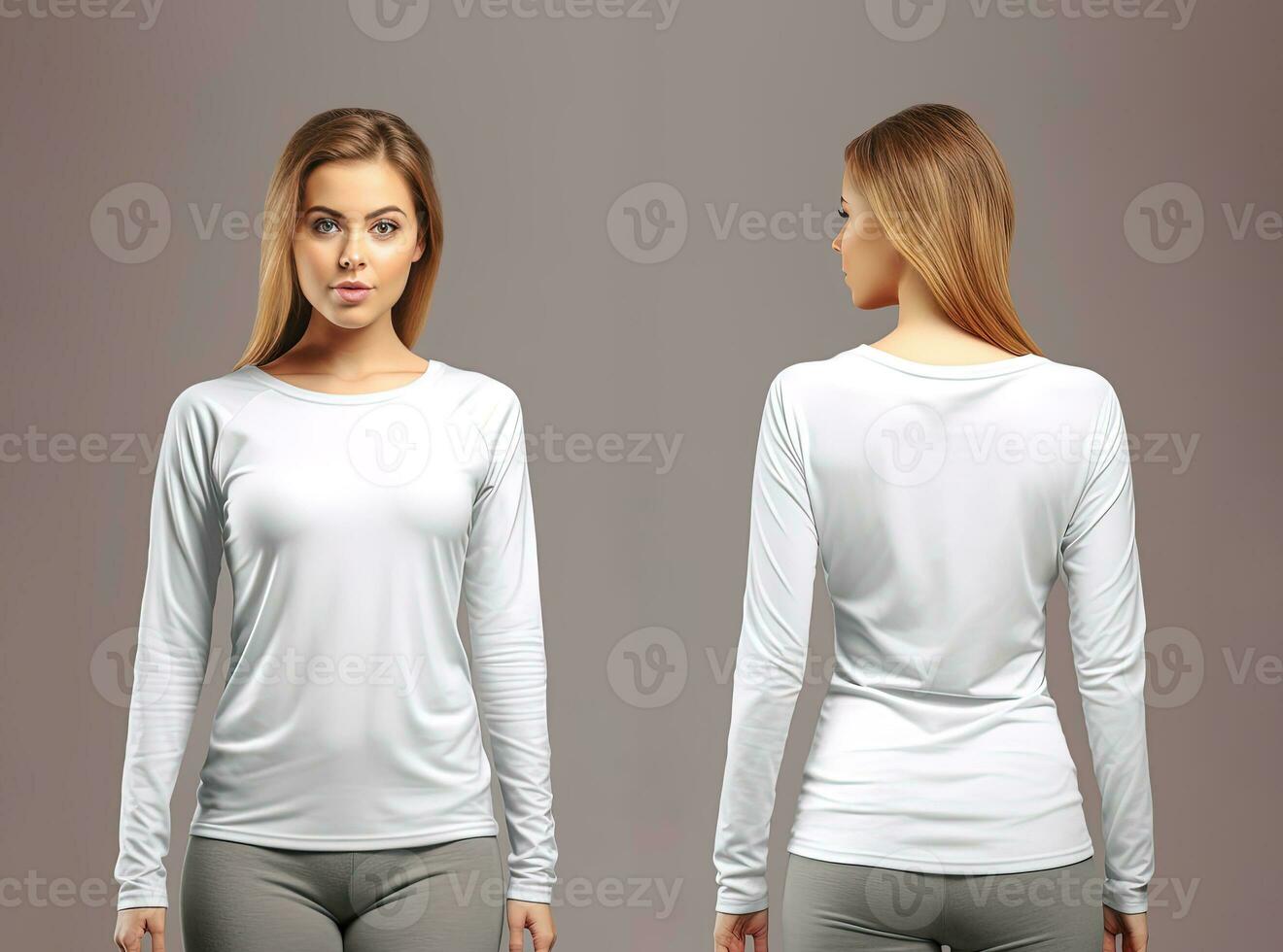 Woman wearing a white T-shirt with long sleeves. Front and back view. ai generated photo