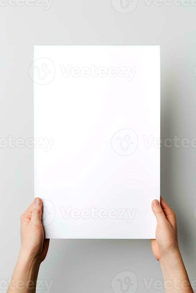 A human hand holding a blank sheet of white paper or card isolated on white background. ai generated photo