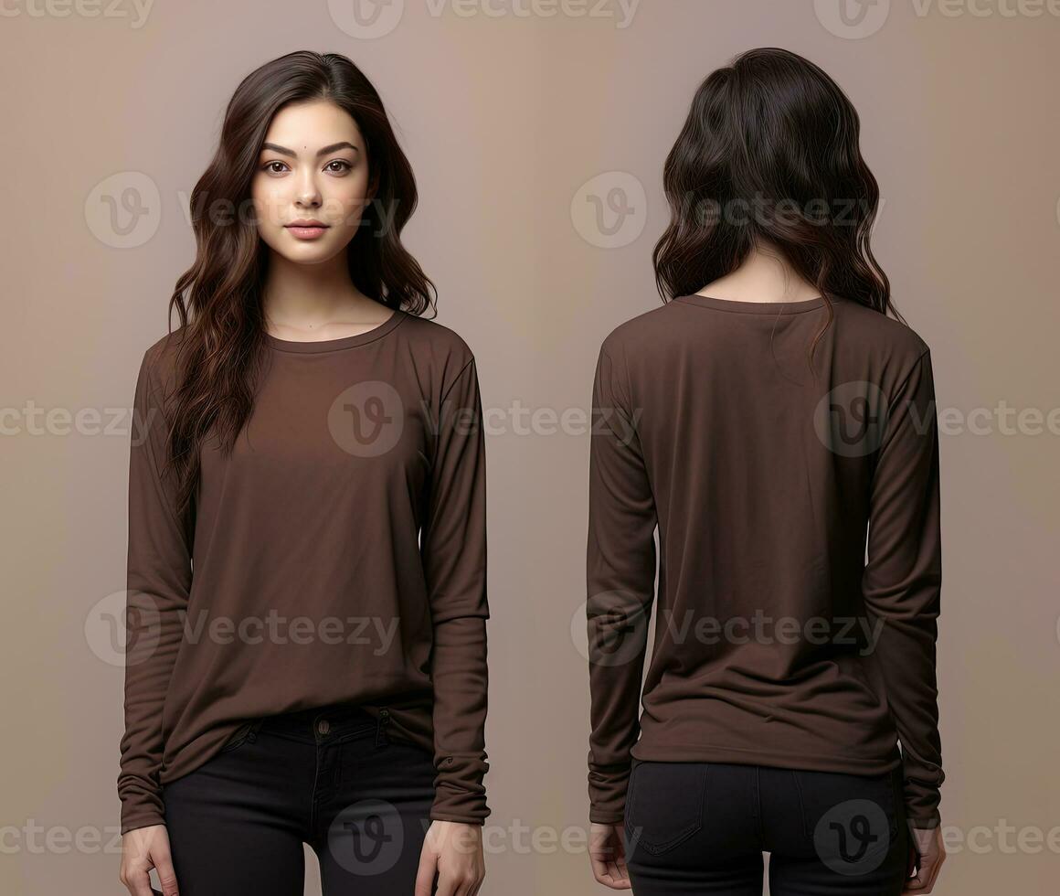 Woman wearing a brown T-shirt with long sleeves. Front and back view. ai generated photo