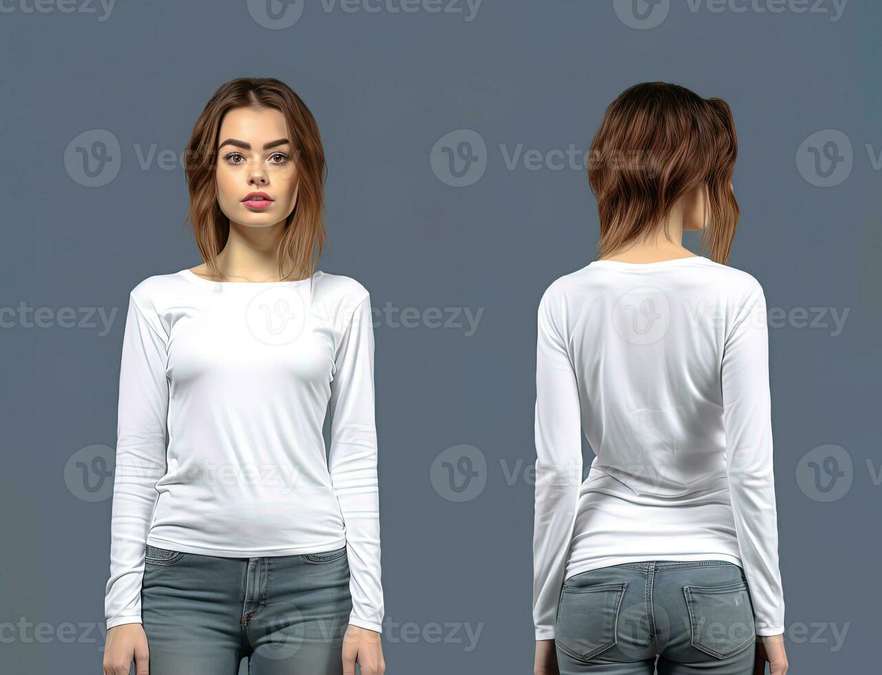 Woman wearing a white T-shirt with long sleeves. Front and back view. ai generated photo