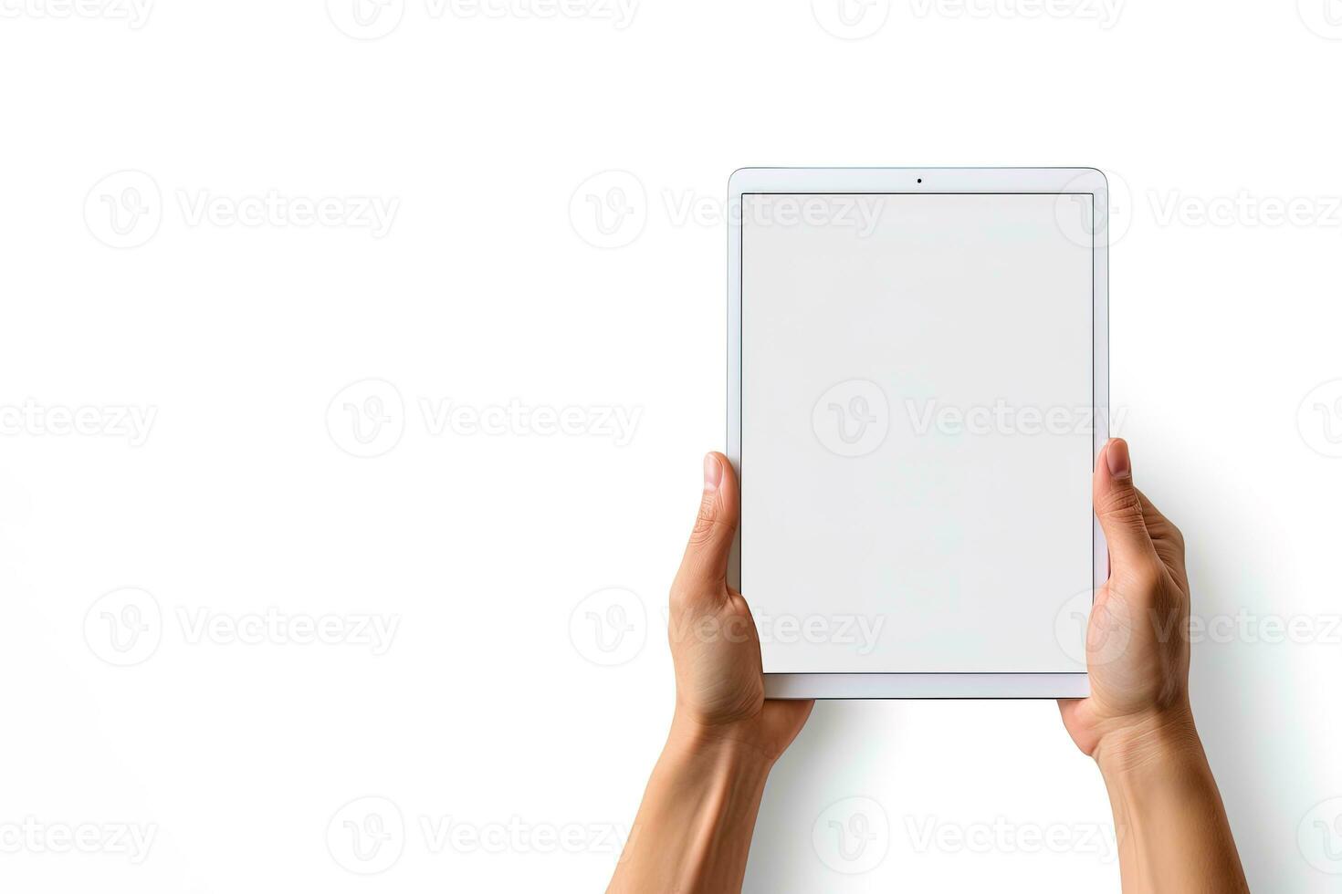 Hand holding tablet with mockup blank screen isolated on white background with copy space. ai generated photo