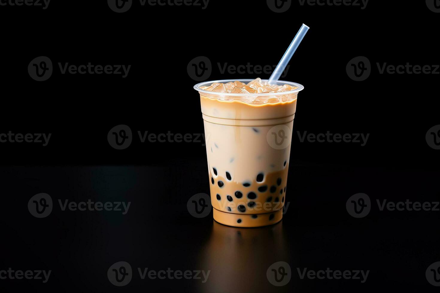 milk tea white bubble on plastic cup, isolated on dark background, side view. ai generated photo