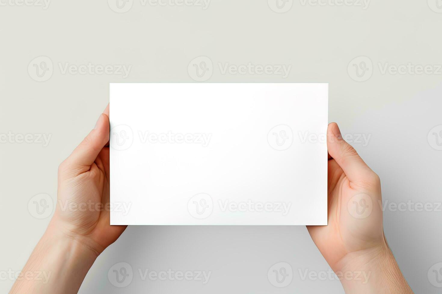 A human hand holding a blank sheet of white paper or card isolated on white background. ai generated photo