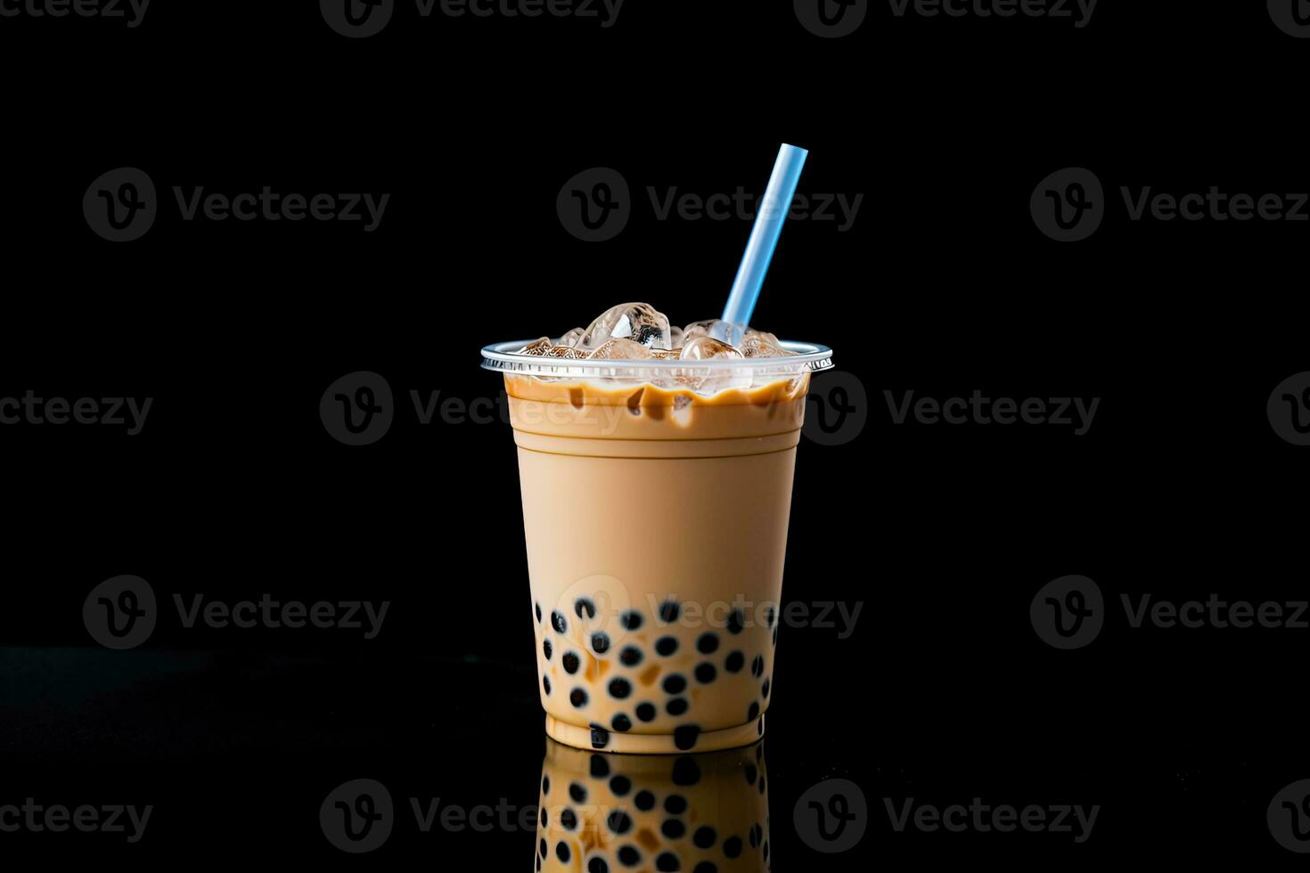 milk tea white bubble on plastic cup, isolated on dark background, side view. ai generated photo