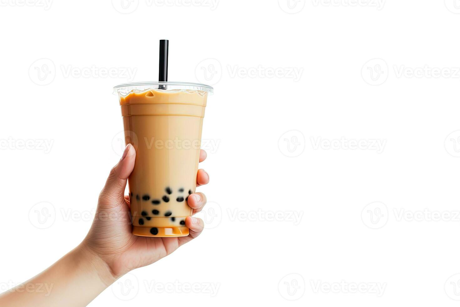 A hand holding takeaway plastic cup of delicious iced bubble milk tea and black pearls isolated on white background with copy space. ai generated photo