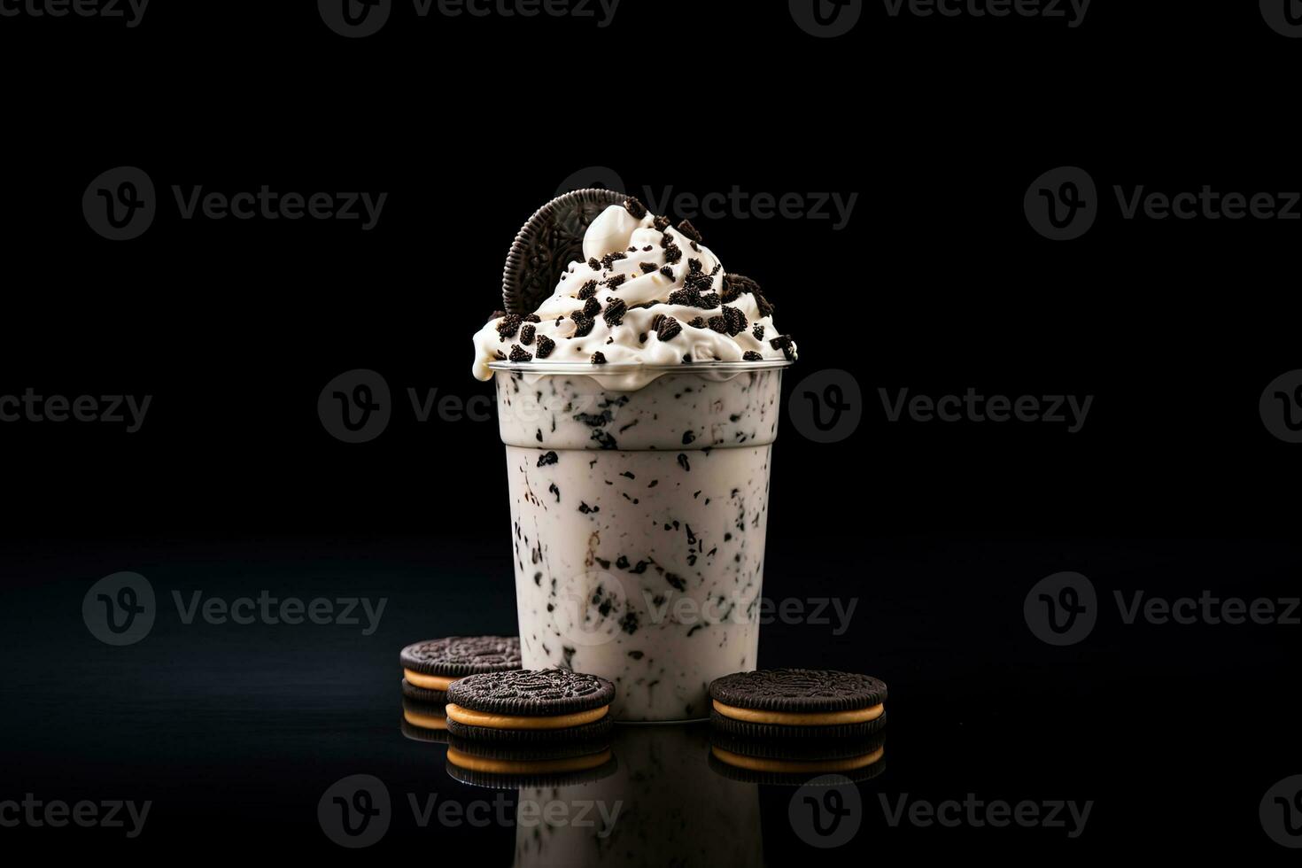 Cookies and cream milkshake in a takeaway cup isolated on dark background. ai generated photo