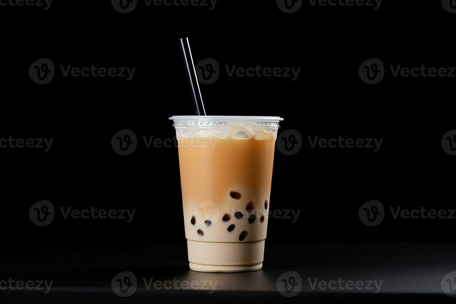 milk tea white bubble on plastic cup, isolated on dark background, side view. ai generated photo