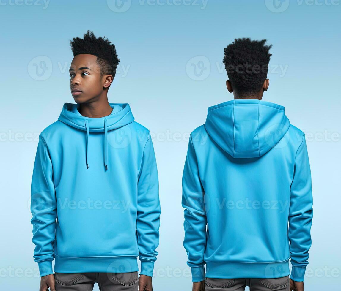 Front and back view of a blue hoodie mockup for design print. ai generated photo