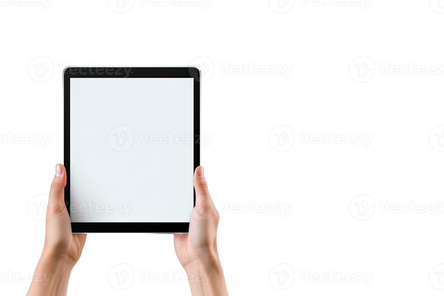 Hand holding tablet with mockup blank screen isolated on white background with copy space. ai generated photo