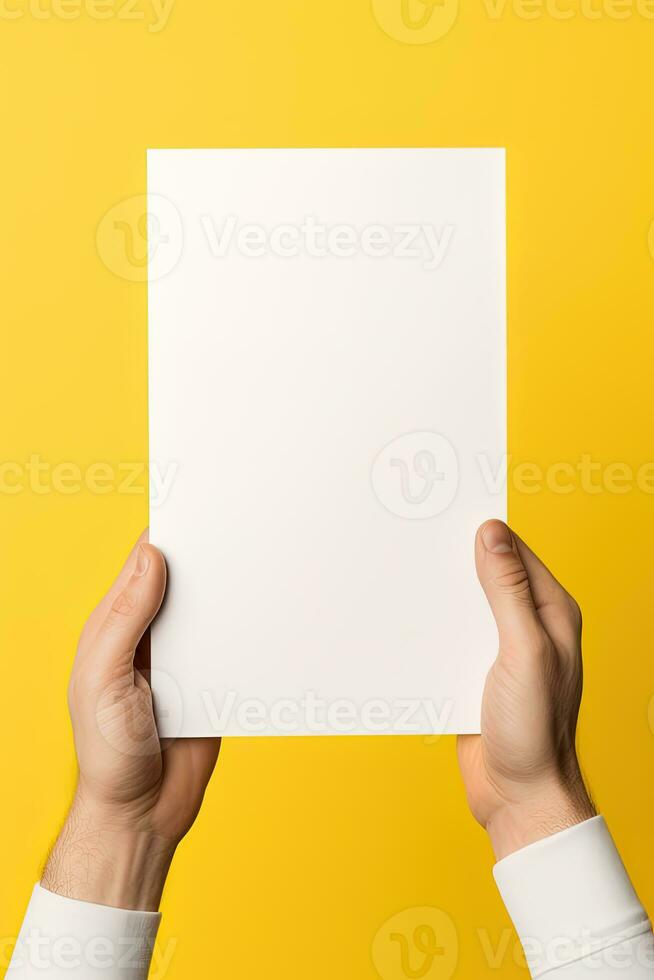 A human hand holding a blank sheet of white paper or card isolated on yellow background. ai generated photo