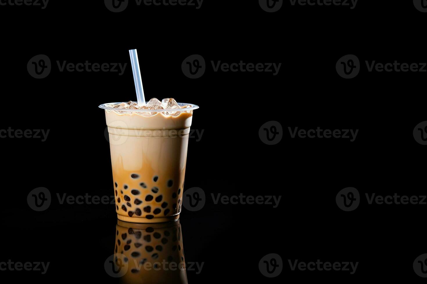 milk tea white bubble on plastic cup, isolated on dark background, side view. ai generated photo