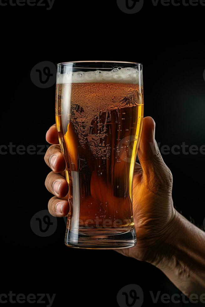 a male hand holding up a glass of beer isolated on a black background. ai generated photo