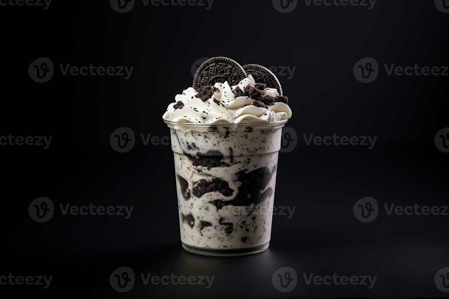 Cookies and cream milkshake in a takeaway cup isolated on dark background. ai generated photo