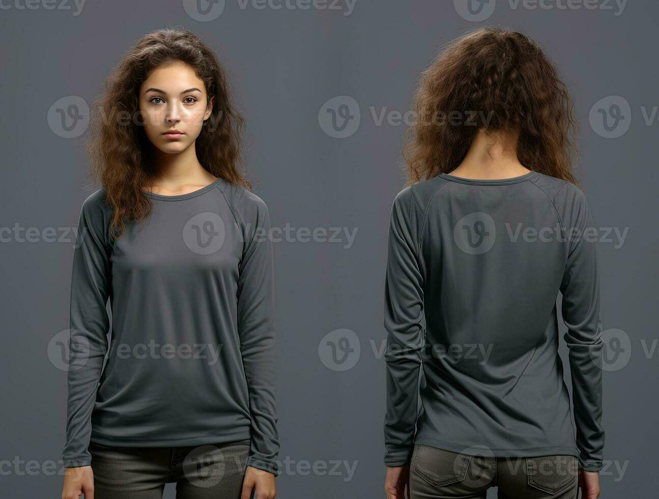 Woman wearing a grey T-shirt with long sleeves. Front and back view. ai generated photo