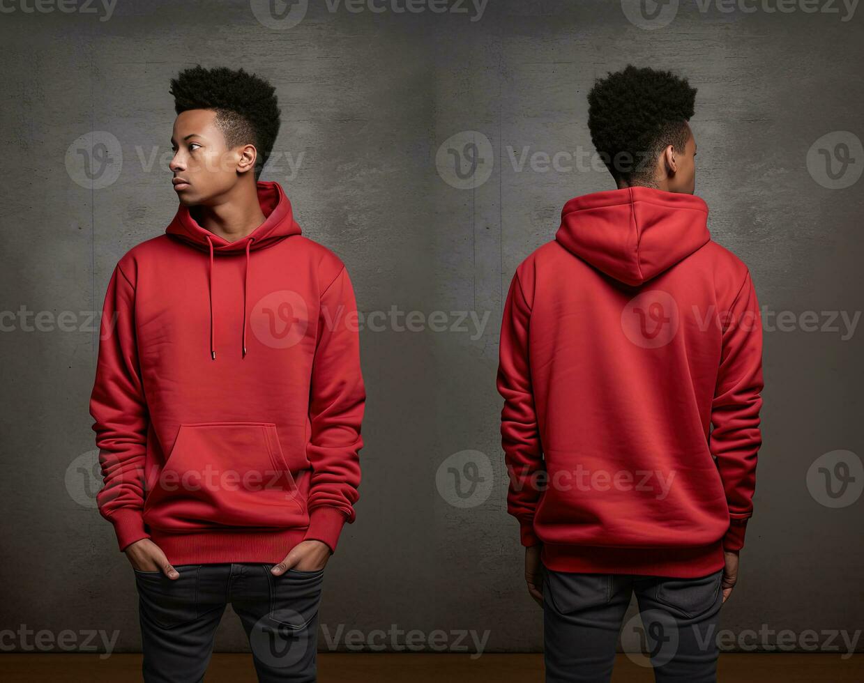 Front and back view of a red hoodie mockup for design print. ai generated photo