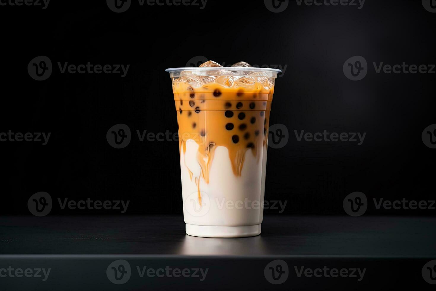 milk tea white bubble on plastic cup, isolated on dark background, side view. ai generated photo