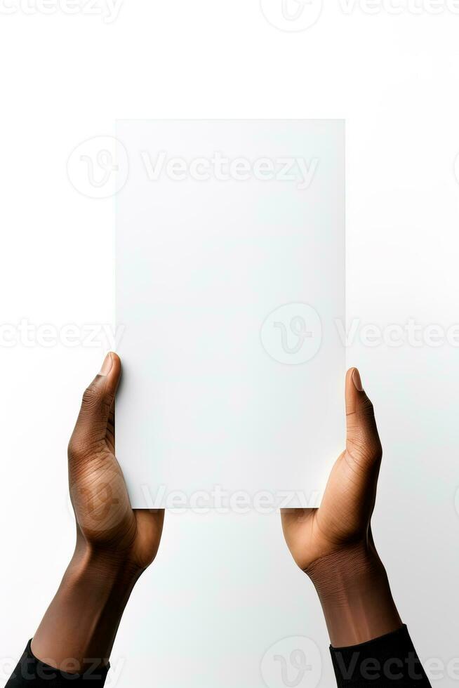 A human hand holding a blank sheet of white paper or card isolated on white background. ai generated photo