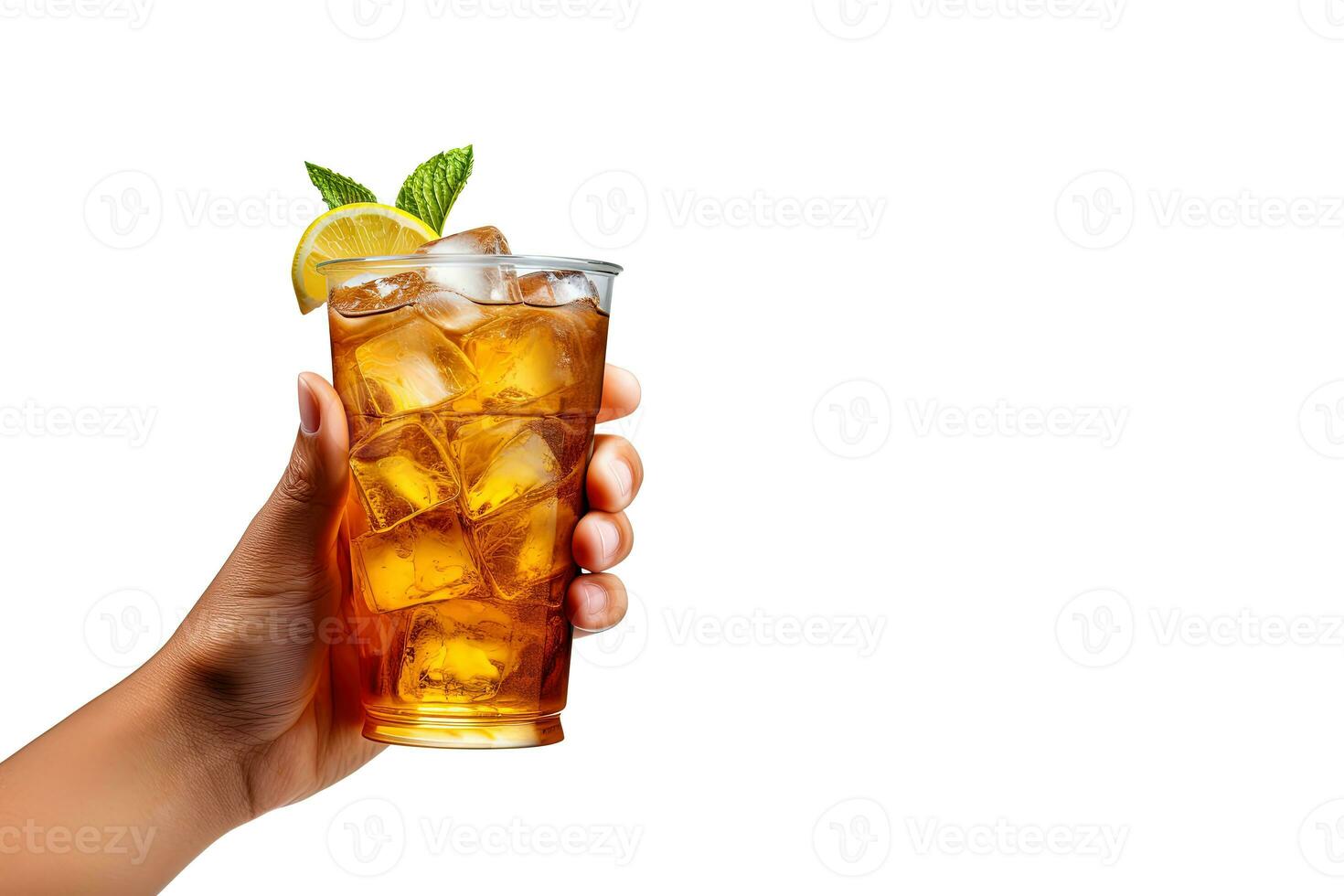 A hand holding takeaway plastic cup of delicious iced lemon tea isolated on white background with copy space. ai generated photo