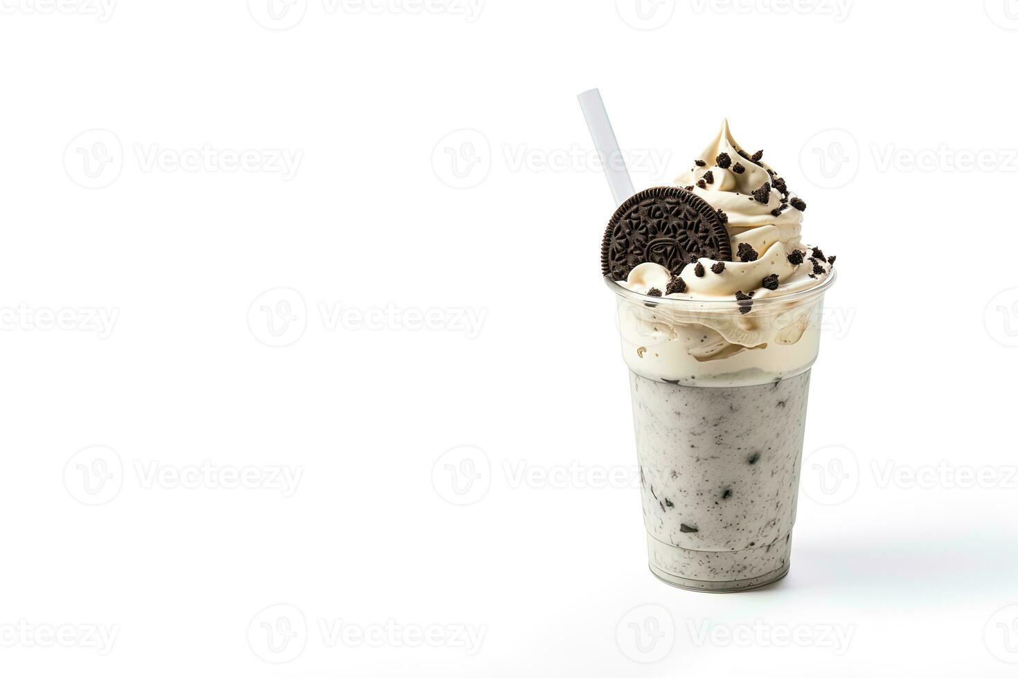 Cookies and cream milkshake in a takeaway cup isolated on white background with copy space. ai generated photo