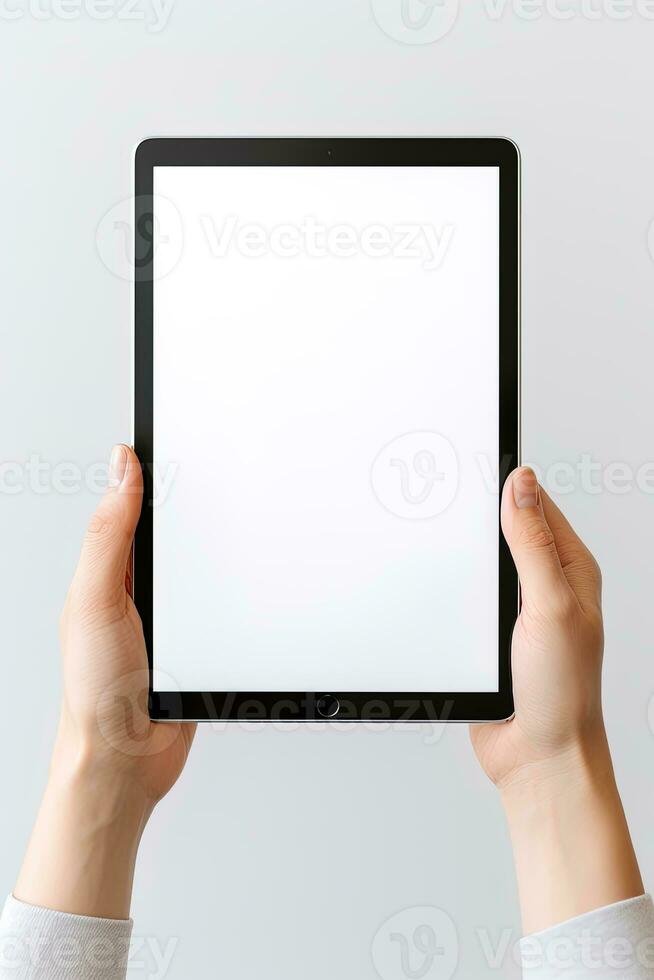 Hand holding tablet with mockup blank screen isolated on white background. ai generated photo