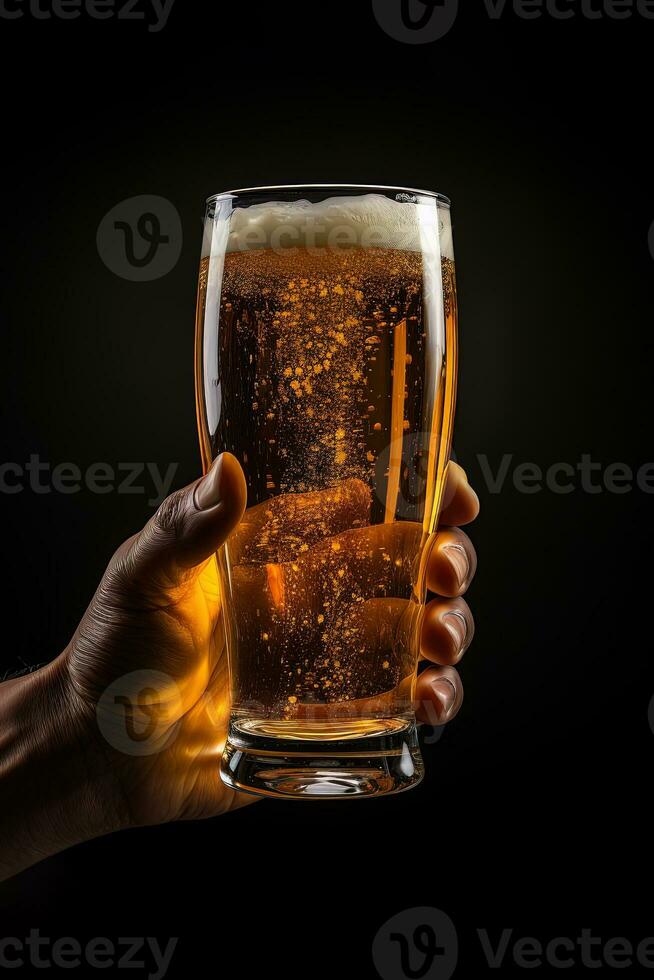 a male hand holding up a glass of beer isolated on a black background. ai generated photo