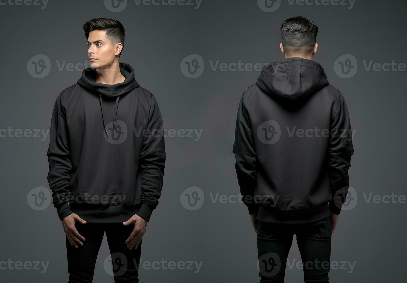 Front and back view of a black hoodie mockup for design print. ai generated photo