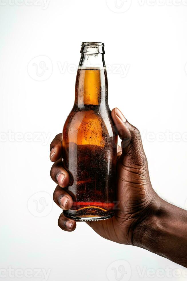 a male hand holding up a bottle of beer isolated on a white background. ai generated photo