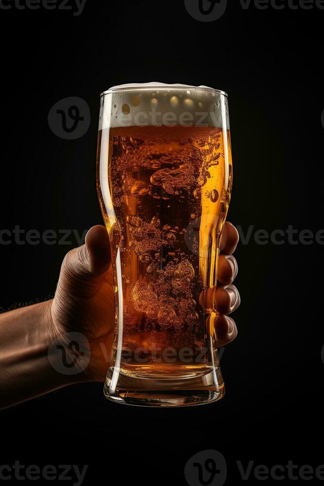 a male hand holding up a glass of beer isolated on a black background. ai generated photo