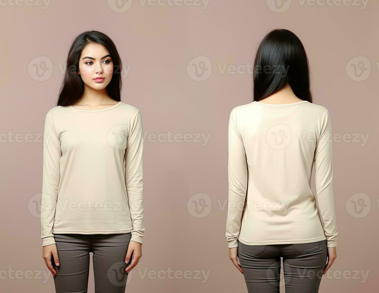 Woman wearing a beige T-shirt with long sleeves. Front and back view. ai generated photo