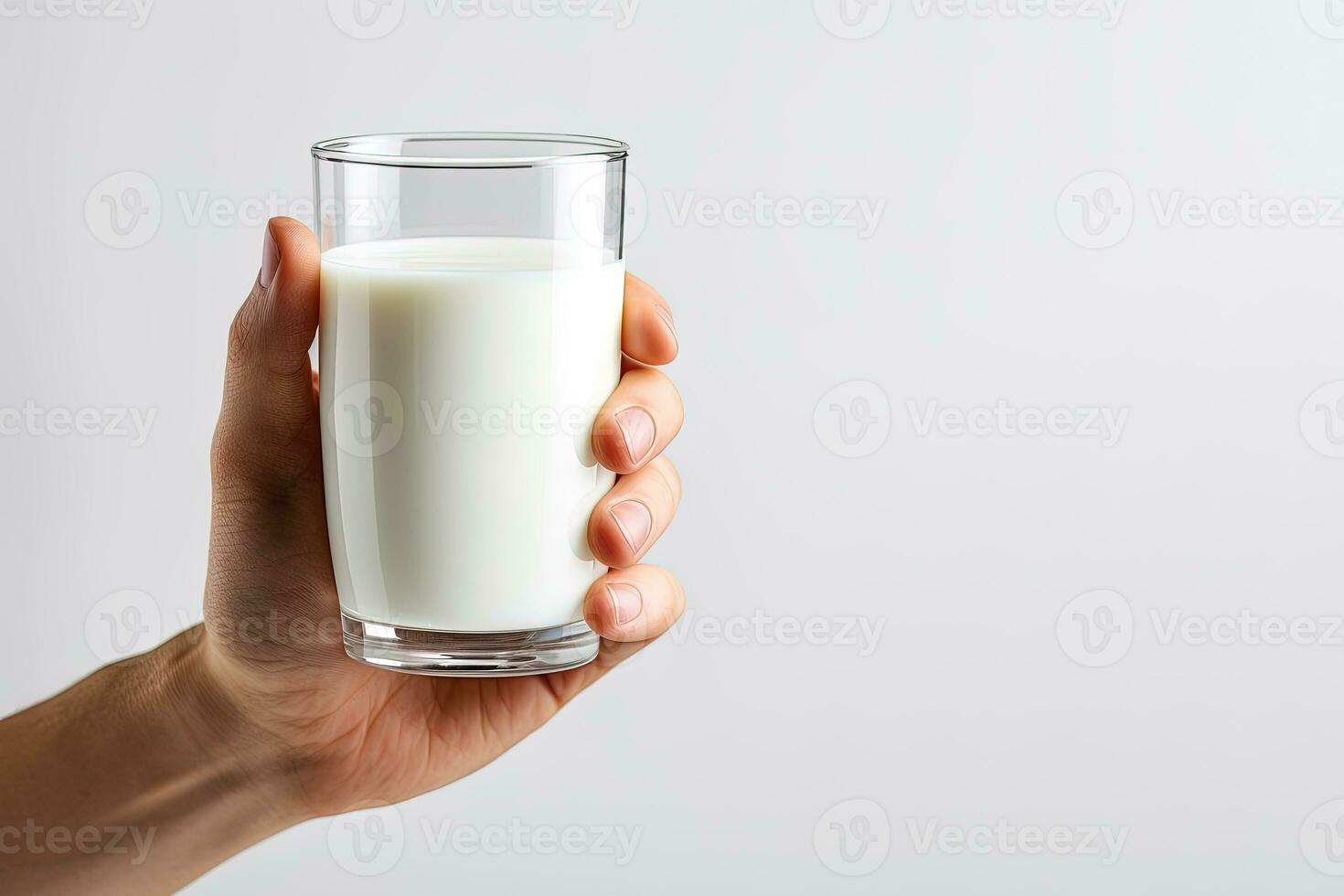 Hand holding a glass of fresh milk isolated on grey background with copy space. ai generated photo