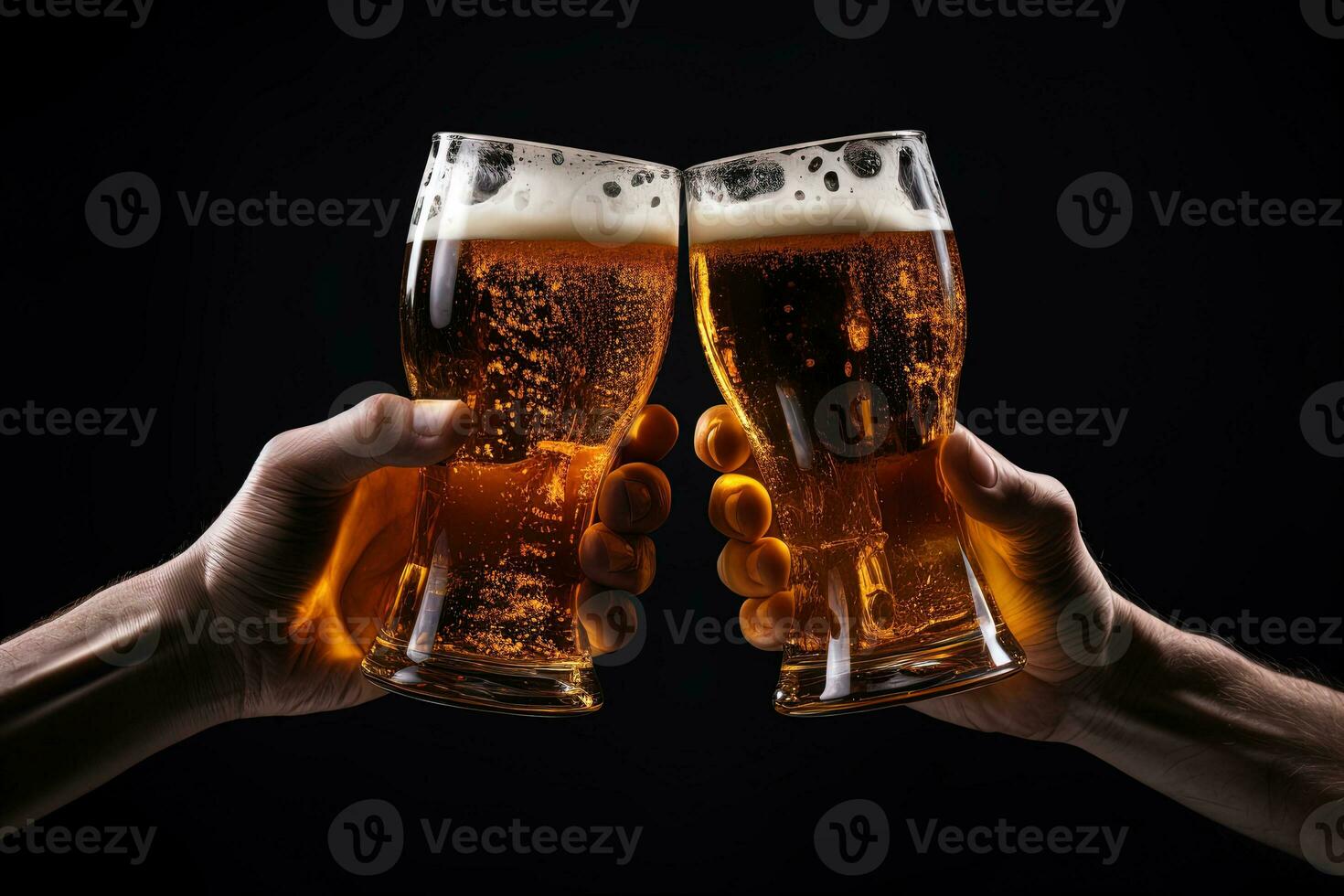 Hands toasting with glasses of beer isolated on black background. ai generated photo