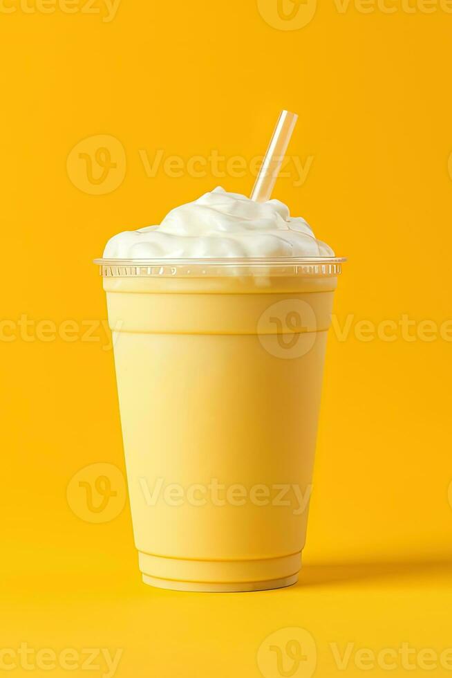 Mango smoothie milkshake in plastic takeaway cup isolated on yellow background. ai generated photo