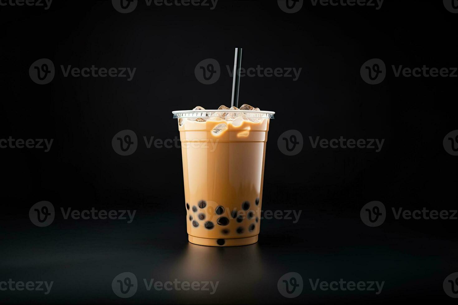 milk tea white bubble on plastic cup, isolated on dark background, side view. ai generated photo