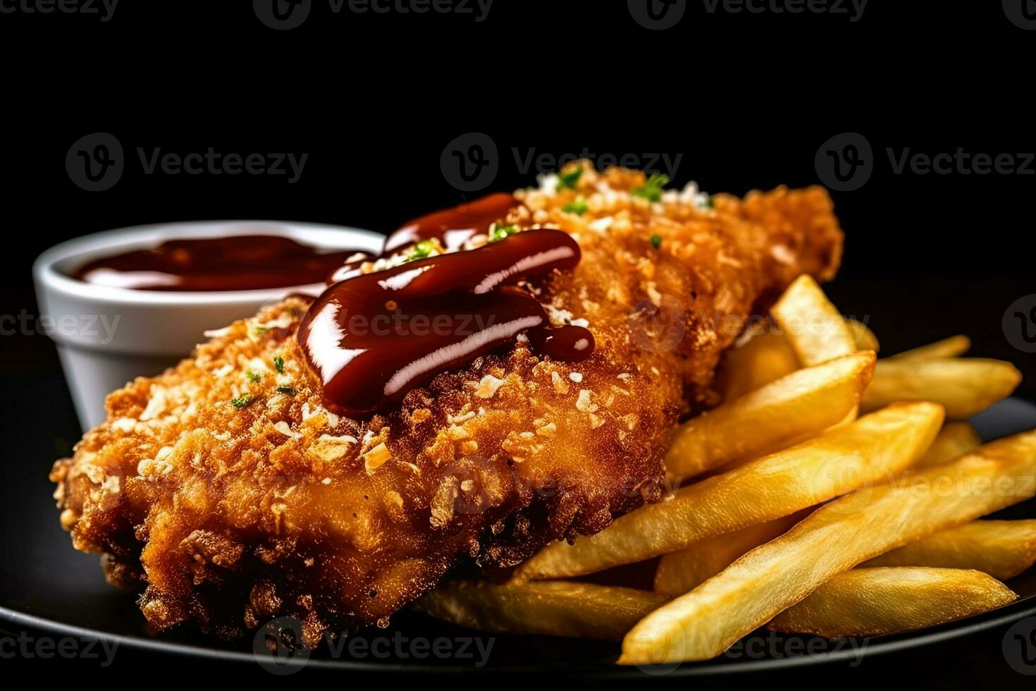 Fast food fried crispy chicken and french fries potatoes with ketchup sauce isolated on dark background. ai generated photo