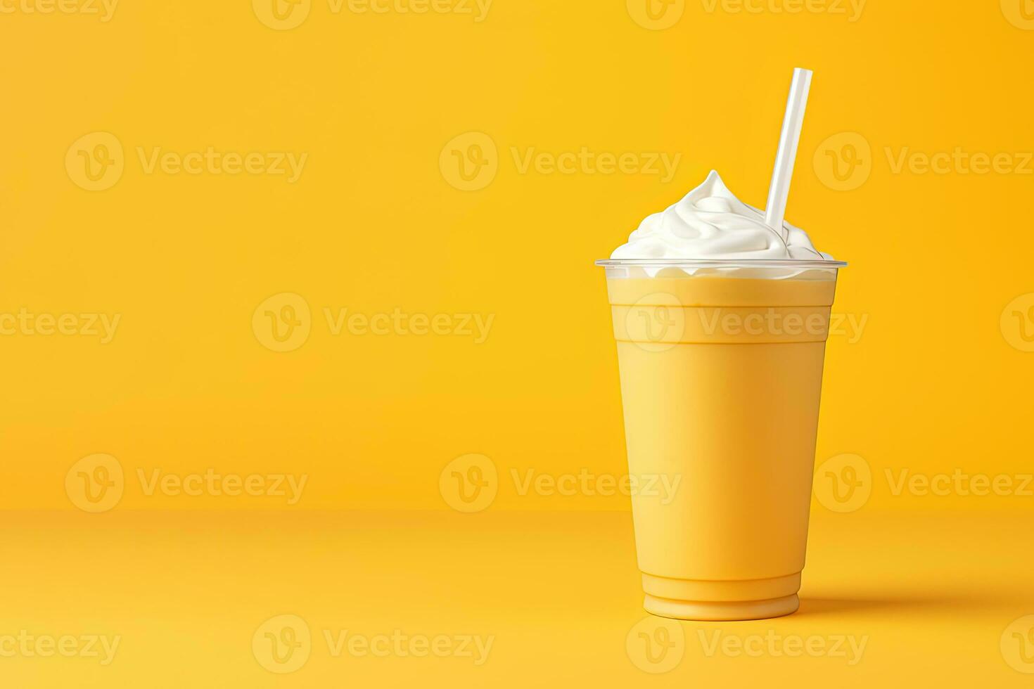 Mango smoothie milkshake in plastic takeaway cup isolated on yellow background with copy space. ai generated photo